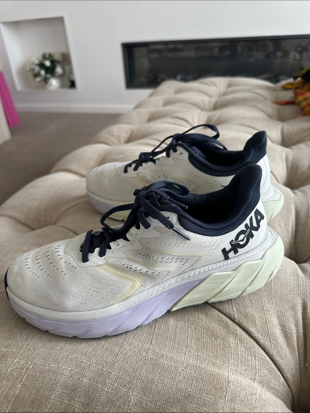 Hoka White and Navy Lightweight Cushioned Running Shoes - Picture 3 of 7